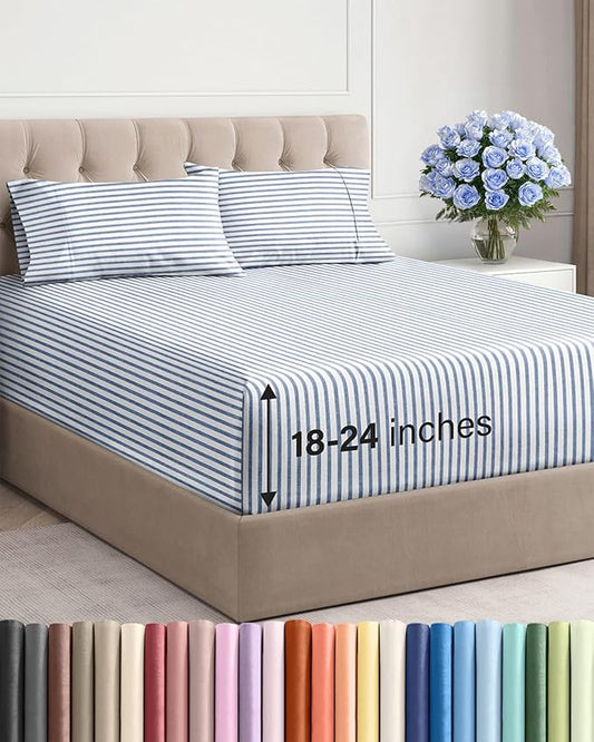 Extra Deep Pocket Full Sheets - 4 Piece Breathable & Cooling Bed Sheets - Hotel Luxury Bed Sheet Set - Soft, Wrinkle Free & Comfy - Easily Fits Extra Deep Mattresses - Deep Pocket Blue Striped Sheets