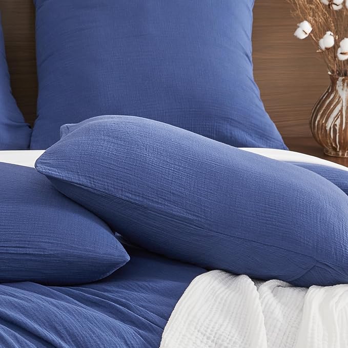 EMME Muslin Cotton Duvet Cover Set Navy King Size Linen Like Soft Breathable Lightweight Summer Comforter Cover Set with Zipper Closure (Navy, King, 104"x90")