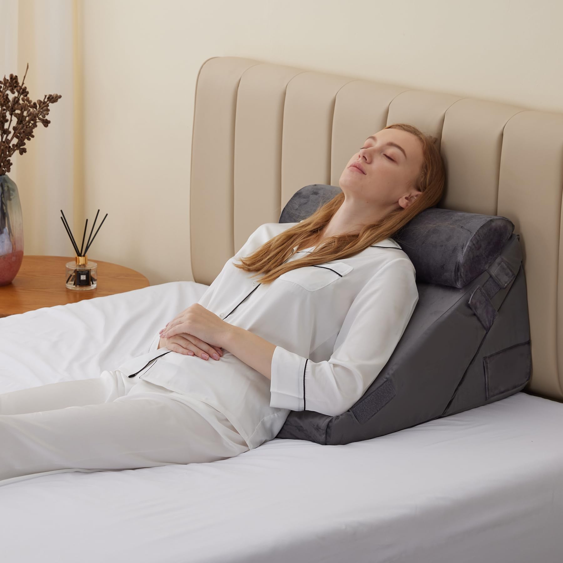 Bedluxe Wedge Pillow Headboard, 3PCS Orthopedic Bed Wedge Pillows Set for After Surgery, Adjustable Pillow Wedge for Acid Reflux&Back Pain Relief, Sleeping, Back Pillow for Bed Sitting Up, White/Grey Dormly
