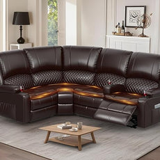 Manual Reclining Sectional Sofa Set, 4 Seats Soft Leather Recliner Corner Sectional Couch, Family-Sized L-Shaped Recliner Couch with USB Charging, Thickened Padding, Sturdy Frame, Brown