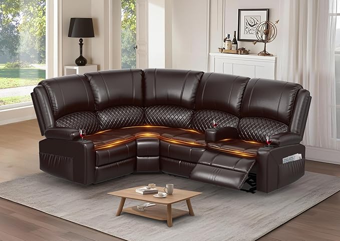 Manual Reclining Sectional Sofa Set, 4 Seats Soft Leather Recliner Corner Sectional Couch, Family-Sized L-Shaped Recliner Couch with USB Charging, Thickened Padding, Sturdy Frame, Brown