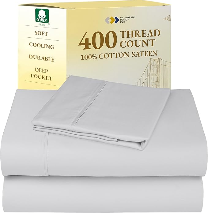 California Design Den Twin Bed Sheets Set - 400 Thread Count Sateen, Natural 100% Cotton Bedsheets, Deep Pockets with All Around Elastic, Soft, Durable Bedding - Silver