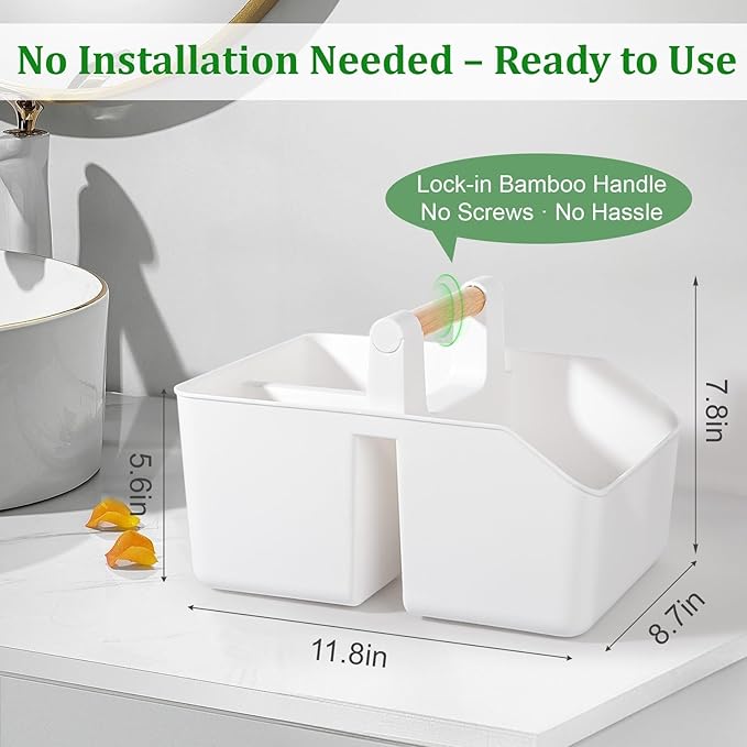 rejomiik Portable Shower Caddy Basket with Bamboo Handle, Plastic Cleaning Caddy Bathroom Organizer Tote for College Dorm Essentials, Bath Toy Storage, White