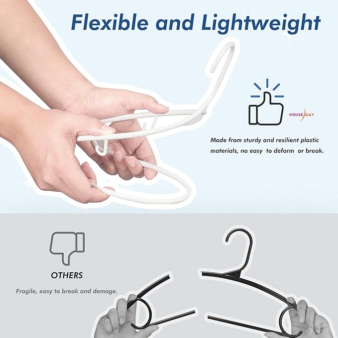 HOUSE DAY White Plastic Hangers 50 Pack, Plastic Clothes Hangers with Built-in Hooks, Durable and Strong Plastic Coat Hangers for Closet, Space Saving Clothing Hanger for Shirts, Coats, Skirt, Dress