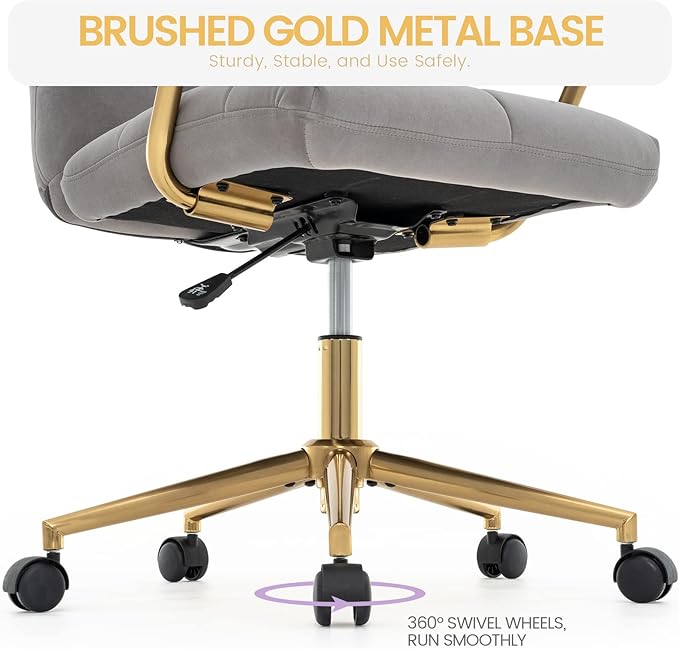 Velvet Home Office Desk Chair, Upholstered Adjustable Swivel Task Chair with Wheels, Tufted Mid-Back Computer Chair with Arms, for Study Living Room Vanity (Grey, Gold Base)