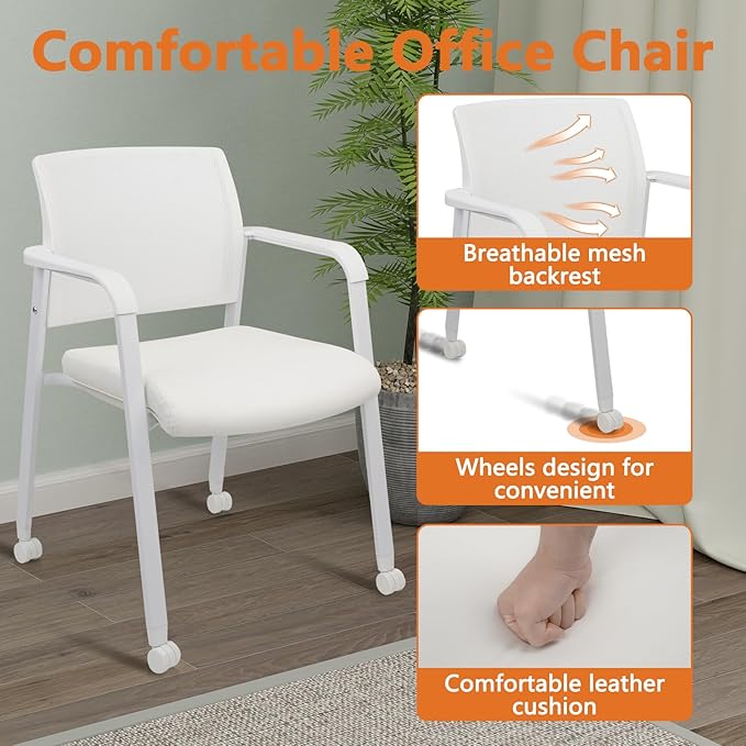 CLATINA Stacking Office Chairs with Wheels | Mesh Back, Thicken Leather Seat and Streamline Armrests, Ergonomic Lumber Support | School, Desk, Guest Reception, Waiting, Conference | Set of 4, White