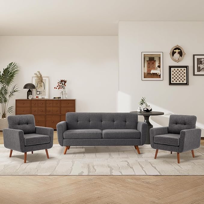 Tbfit Accent Chair, Reading Chair for Living Room & Bedroom, Mid Century Modern Arm Chair, Button Tufted Upholstered Accent Chairs Sofa with Solid Wood Frame, Grey