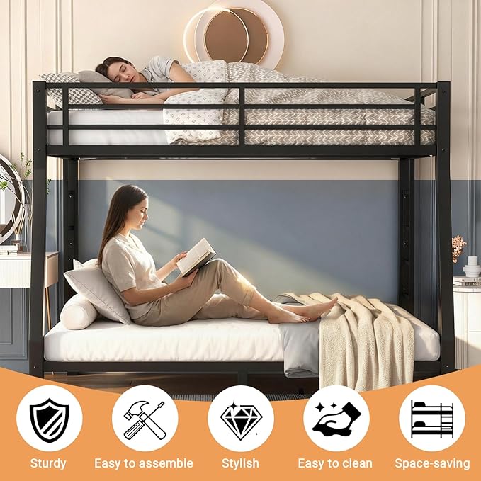 Full XL Over Queen Bunk Bed, Metal Bunk Bed Frame Heavy Duty Bunk Beds Loft Bed Frame with Ladder and Guardrail Metal Slats No Box Spring Required for Adults Teens, Black