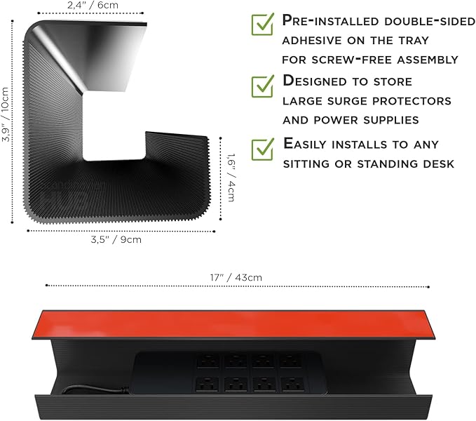 No-Screw Under Desk Cable Management Tray - Self-Adhesive Installation, Cord Management, Cable Tray, Under Desk Wire Organizer - Black Set of 2