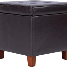 HomePop Leatherette Tufted Square Storage Ottoman with Hinged Lid, Brown Small