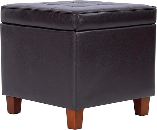HomePop Leatherette Tufted Square Storage Ottoman with Hinged Lid, Brown Small