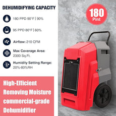 MOUNTO 180Pints LGR Industrial Dehumidifier with Pump and Drain Hose, Portable Commercial Dehumidifier with Wheels for Home, Basements, Garages, and Job Sites (Red)