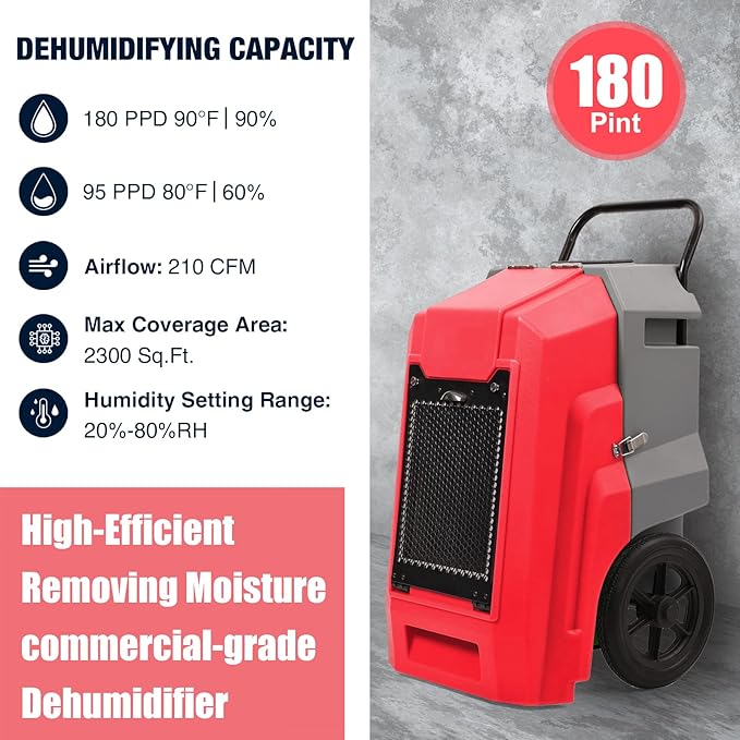 MOUNTO 180Pints LGR Industrial Dehumidifier with Pump and Drain Hose, Portable Commercial Dehumidifier with Wheels for Home, Basements, Garages, and Job Sites (Red)