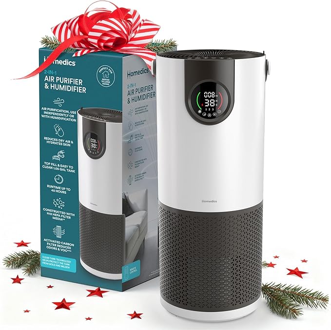 Homedics 2-in-1 Cool Mist Humidifier & Air Purifier – Humidifies & Purifies Air, Digital Air Quality Sensor, Auto Mode, Stylish Tower Design, Ideal for Medium-Large Rooms