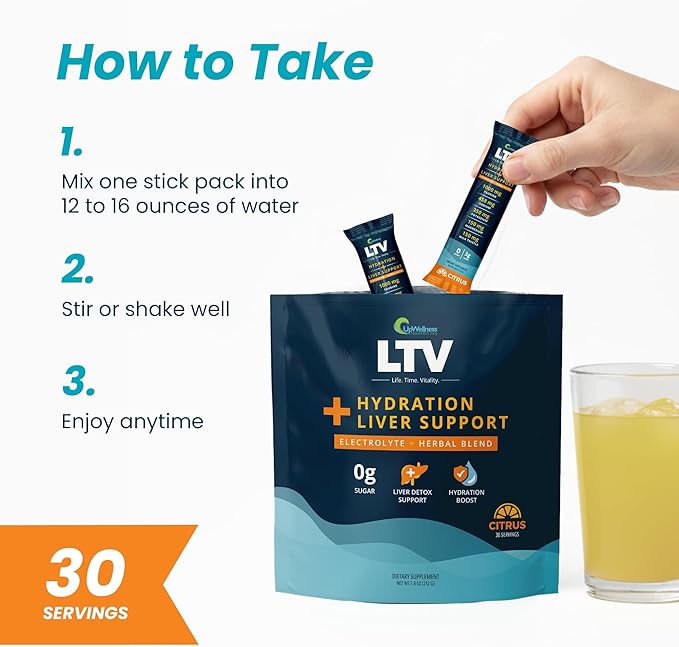 UpWellness LTV Liver Hydration Packets - Electrolytes Powder Packets for Instant Hydration - Physician-Formulated for Whole-Body Wellness - Zero Added Sugar - 30 Packets - Delicious Citrus Flavor