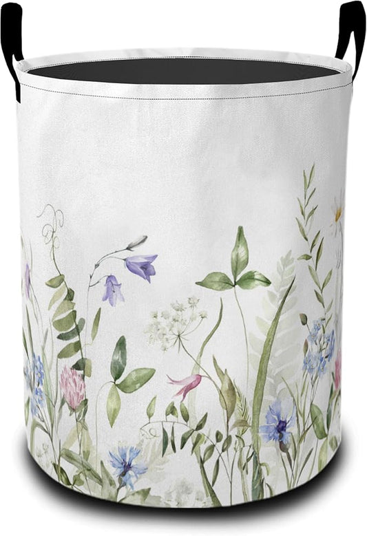 Vintage Wild Flowers Laundry Basket-Large Foldable Hamper Holder Portable Tall Collapsible Laundry Hamper Storage Basket Bin with Handles, Canvas & Waterproof lining for Household Items