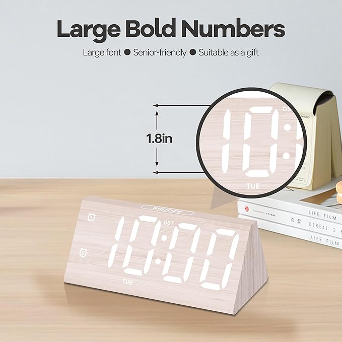 Digital Alarm Clock, with Wooden Electronic LED Time Display, 3 Alarm Settings, Humidity & Temperature Detect, Wood Made Electric Clocks for Bedroom, Bedside, Desk (White-Big Bold)