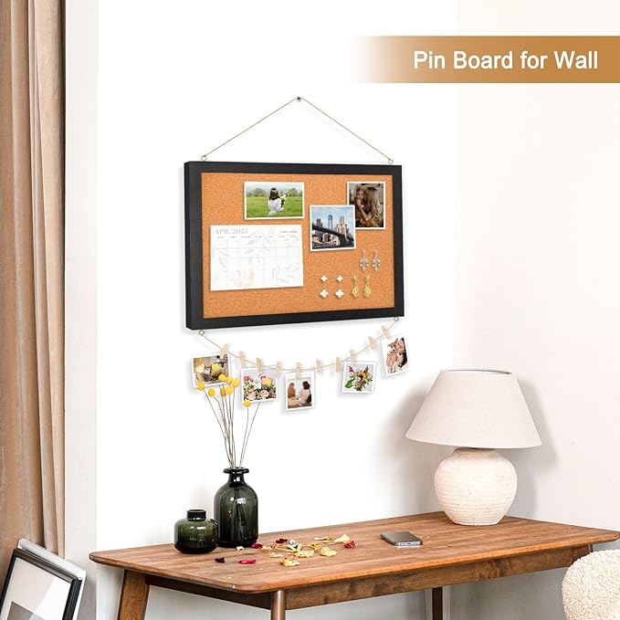 Double-Sided Cork Board for Wall, 16" x 12" Hanging Wood Framed Small Bulletin Board, Picture Display Vision Board Corkboards for Wall Room School Office Decor, 20 Pushpins (Black)