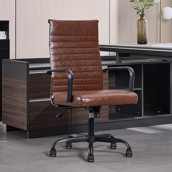Office Chair, Ergonomic Executive Conference Room Chairs, Ribbed Leather Desk Chair with Lumbar Support, Adjustable Height Mid-Back Swivel Chair with Padded Seat