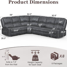 Manual Reclining Sectional Sofa Set, 6 Seats Soft Dutch Velvet Recliner Corner Sectional Couch, Family-Sized L-Shaped Recliner Couch with USB Charging, Thickened Padding, Sturdy Frame, Grey
