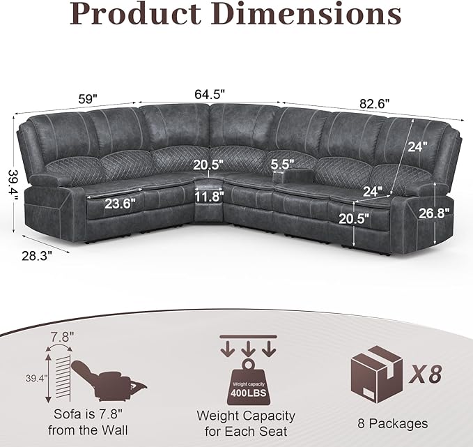 Manual Reclining Sectional Sofa Set, 6 Seats Soft Dutch Velvet Recliner Corner Sectional Couch, Family-Sized L-Shaped Recliner Couch with USB Charging, Thickened Padding, Sturdy Frame, Grey