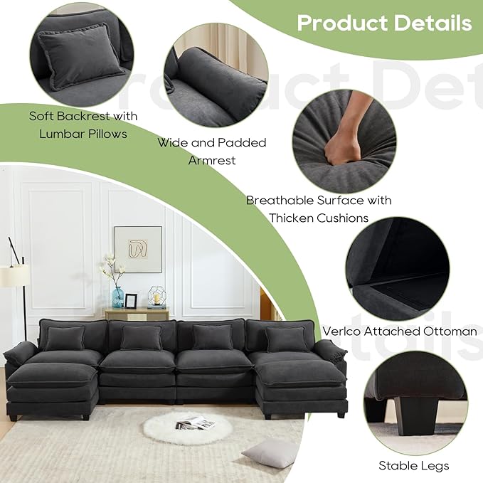 154" Modular Sectional Sofa, Comfy Cloud Couch Sectional Sofa with Ottoman, Velvet Sofa Sleeper Deep Seat Sofa with Throw Pillows for Living Room (Blue Gray, 154"- U Shape)