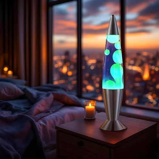 JAMBO 16" Beautiful Lamp- Blue with Yellow/Green Wax, Relaxing Liquid Light, Night Light Nightlight, Home Decor Living Room Office Bedroom Lamp for Adults Teens Kids, Magma Motion