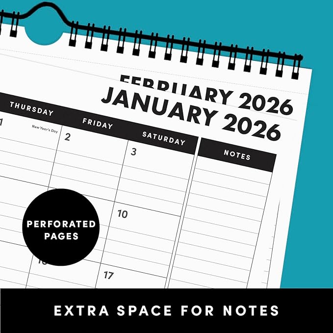 PAPERAGE 2026 Calendar, 12 Months (January 2026 - December 2026), Small (9 in x 11 in), Minimalist Wall and Desk Calendar with Monthly Views, Yearly Plans & Notes Section – Rainbow