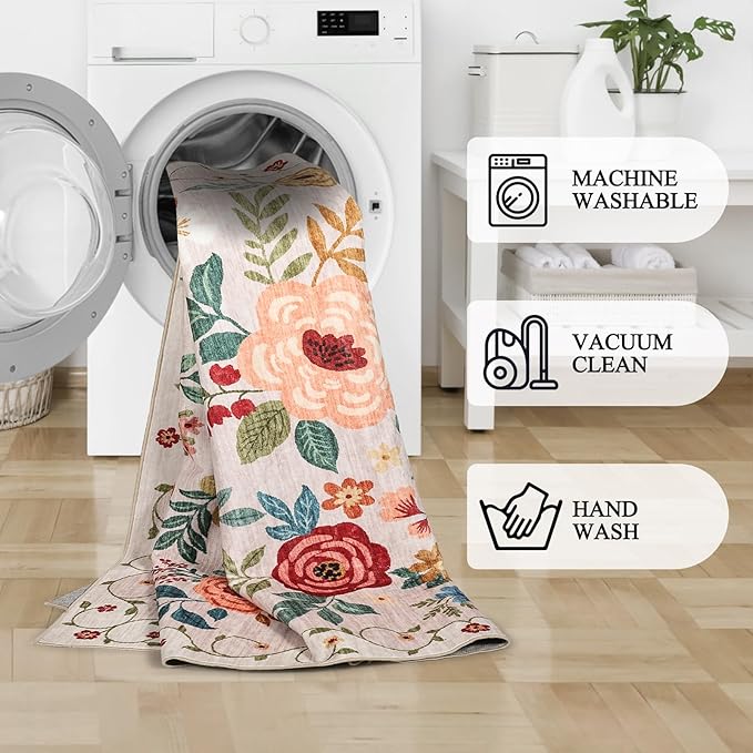 DUKINO 4x6 Feet Office Chair Mat, Lightweight Non Slip Washable Floral Area Rug, Indoor Low Pile & Non-Shedding Boho Design Rugs for Bedroom, Living Room, Dining Room, Beige