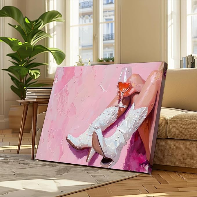 Cowgirl Boots Wall Art Coastal Cowgirl Wall Decor Aesthetic Cowboy Boots with Wine Glass Picture Pink Cowgirl Western Aesthetic Decor Trendy Preppy Girls Room Decor for Bedroom Dorm Framed 16 X 24 in