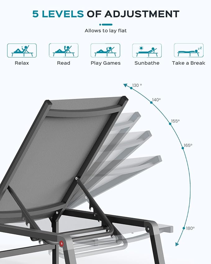 Aluminum Chaise Lounge Ourdoor - Foldable & Assemble Free Outdoor Lounge Chair with 5 Adjustable Backrest, Patio Lounge Chair for Outside Poolside Beach Pool, Grey