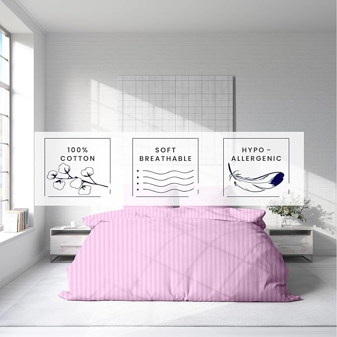 Kotton Culture 3 Pc King Size Duvet Cover Set- 100% Egyptian Cotton Sateen 600 Thread Count Ultra Soft Premium Durable Comforter Cover Zipper Closure & Corner Ties (Striped Pink, King 102"x94")