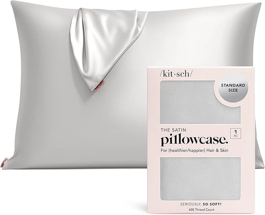Kitsch Satin Pillowcase with Zipper for Hair & Skin, Softer Than Silk Pillow Cases Queen, Wrinkle-Free, Smooth and Cooling Satin Pillow Covers, Standard Size 19"x26", Silver