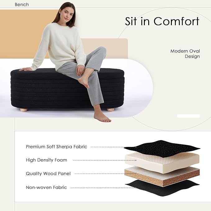 53" Storage Bench Teddy Ottoman Bench Upholstered Fabric Bench End of Bed Stool with Safety Hinge for Bedroom, Living Room, Entryway, Black