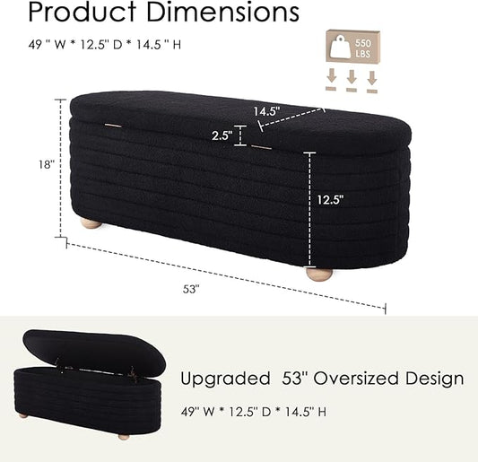 53" Storage Bench Teddy Ottoman Bench Upholstered Fabric Bench End of Bed Stool with Safety Hinge for Bedroom, Living Room, Entryway, Black