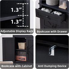 72in Tall Bookshelf 7 Tier Bookcase with Drawer and Barn Doors and Adjustable Shelves, Black Farmhouse Book Shelf with Storage Cabinet, Wood Freestanding Display Bookshelves for Living Room