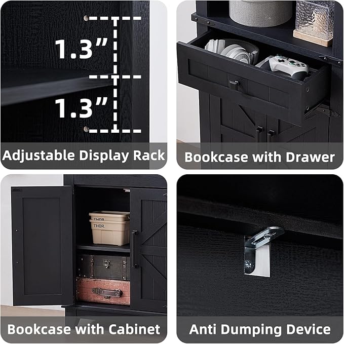 72in Tall Bookshelf 7 Tier Bookcase with Drawer and Barn Doors and Adjustable Shelves, Black Farmhouse Book Shelf with Storage Cabinet, Wood Freestanding Display Bookshelves for Living Room