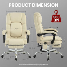 4 Points Massage Office Chair with Footrest 500lbs,Reclining Executive Desk Chair with Vibration Heat for Heavy People,Lumbar Support PU Leather,Adjustable Height Ergonomic (Beige)
