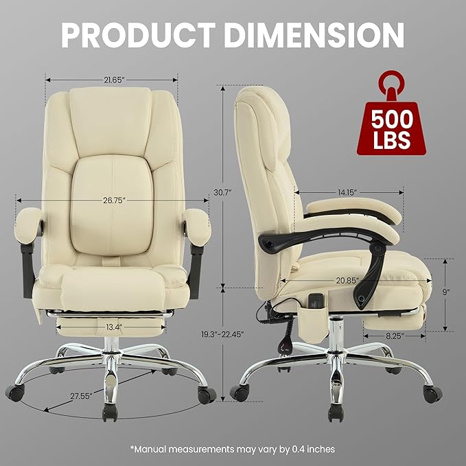 4 Points Massage Office Chair with Footrest 500lbs,Reclining Executive Desk Chair with Vibration Heat for Heavy People,Lumbar Support PU Leather,Adjustable Height Ergonomic (Beige)