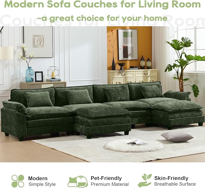 154" Modular Sectional Sofa, Comfy Cloud Couch Sectional Sofa with Ottoman, Chenille Sofa Sleeper Deep Seat Sofa with Throw Pillows for Living Room (Green, 154"- U Shape)