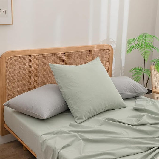 BESTOUCH 100% Washed Cotton Pillowcase for Hair and Skin Linen Feel Soft Comfortable Breathable 2 Set Pillow Case with Envelope Closure Solid Sage Green Euro 26x26 Inches