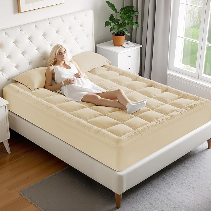 MATBEBY Full Size Mattress Pad - Cooling Breathable Mattress Topper, Quilted Fitted Mattress Protector, Pillow Top Mattress Cover with 8-21" Deep Pocket, Soft, Machine Washable, Beige, 54x75 Inches