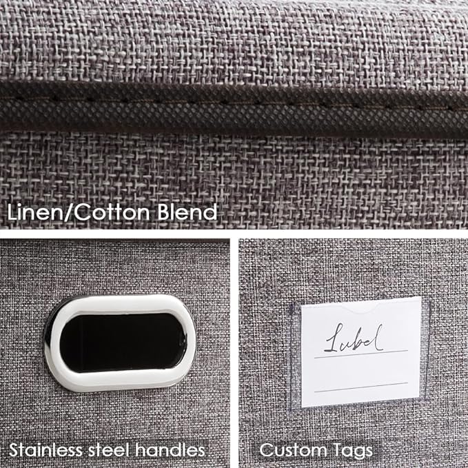 PRANDOM Storage Bins with Lids [3-Pack] Linen Fabric Foldable Storage Boxes Organizer Containers Baskets Cube with Cover for Home Bedroom Closet Office Nursery Grey（11.4X8.6X6.7