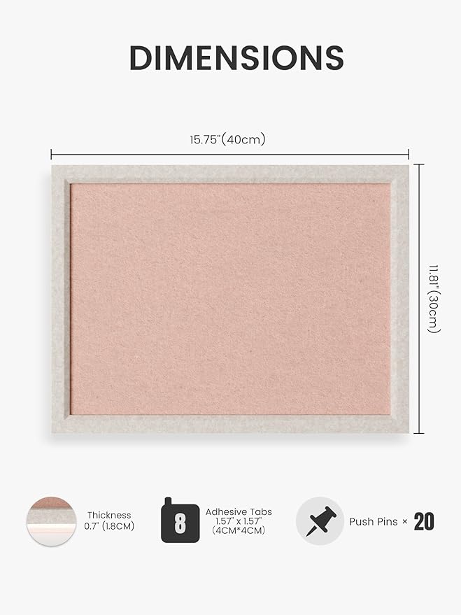 Felt Cork Board Alternative, Felt Bulletin Board 16" x 12" Oatmeal Frame with 8 Adhesive Tabs, Pin Board for Home Office, Classroom, Entryway, Kitchen Wall Decor—Pink