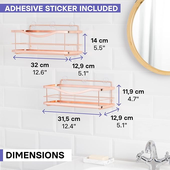 KINCMAX Shower Shelves 2-Pack - Premium Self Adhesive Shower Caddy w/ 4 Hooks - No Drill Large Capacity Stainless Steel Wall Shelf - Easy Mount Bathroom Organizer Racks - Rose Gold