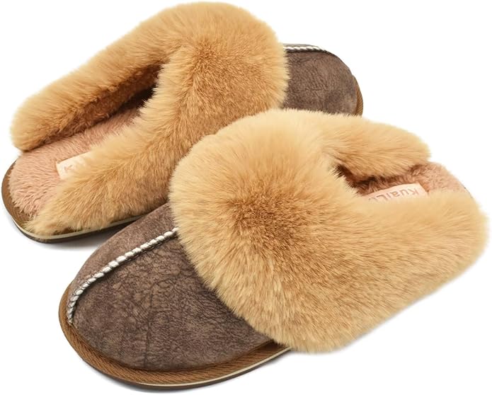 KuaiLu Womens Fluff Dual Memory Foam Slippers Ladies Cozy Arch Support Warm Scuff Slippers Slip on Comfy Winter House Shoes with Non-Slip Indoor Outdoor Hard Sole