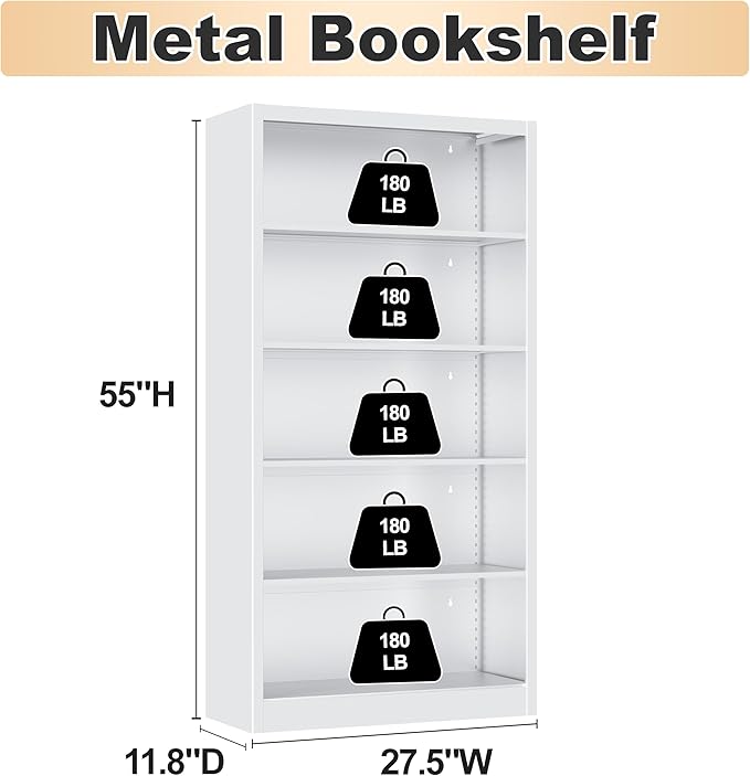 Bookcase,5 Tier White Bookshelves,55" Tall Free Standing Metal Bookcase with Adjustable Storage Shelves, Industrial Wide Bookshelf for Bedroom Living Room Home Office School (White)