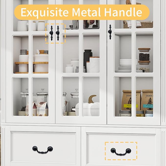 78.8" Tall Bookcase Display Storage Cabinet Hutch with Glass Doors & Drawers - Curio Display Bookshelf Kitchen Pantry for Home, Kitchen, Living Room.