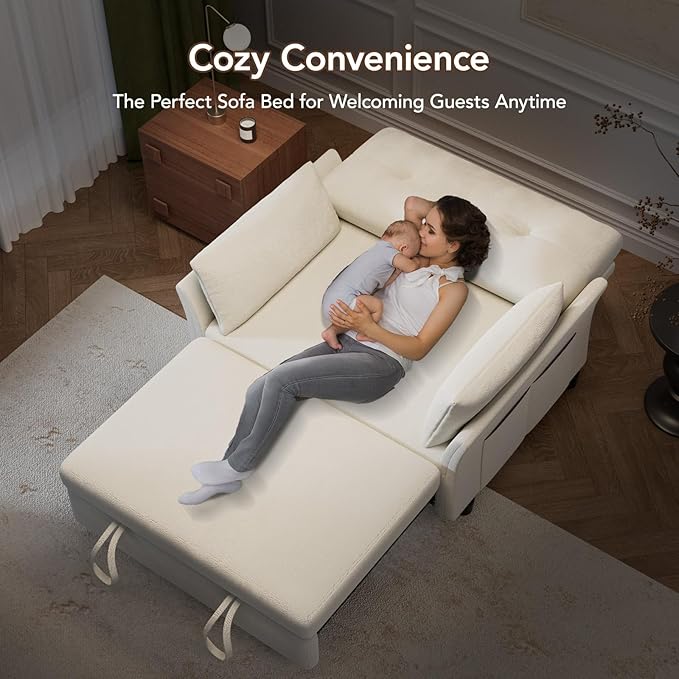 Vipbear 3 in 1 Pull Out Couch, Convertible Sofa Bed, Loveseat Sleeper with Reclining Backrest and Side Pocket for Living Room, Apartment, Tool-Free Assembly, Beige
