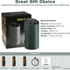 Waterless Essential Oil Diffuser Starter Kit with 3 x 20mL Essential Oil, Rechargeable Scent Diffuser for Home Car Bathroom, 3 Mist & 4 Timer, Portable Small Aromatherapy Diffuser Machine, DarkGreen